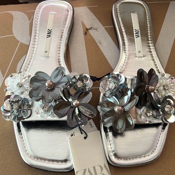 Zara Metallic Floral Appliqué Square Toe Sandals - Picture 8 of 11